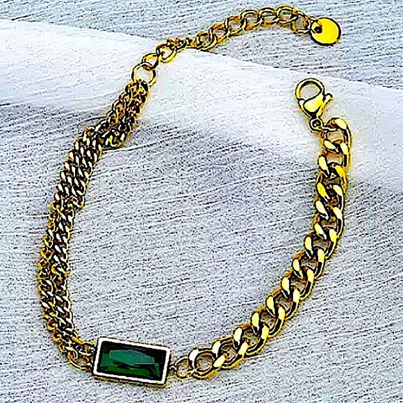 GOLD EMERALD GREEN CHAIN LINK BRACELET - Picture 9 of 14